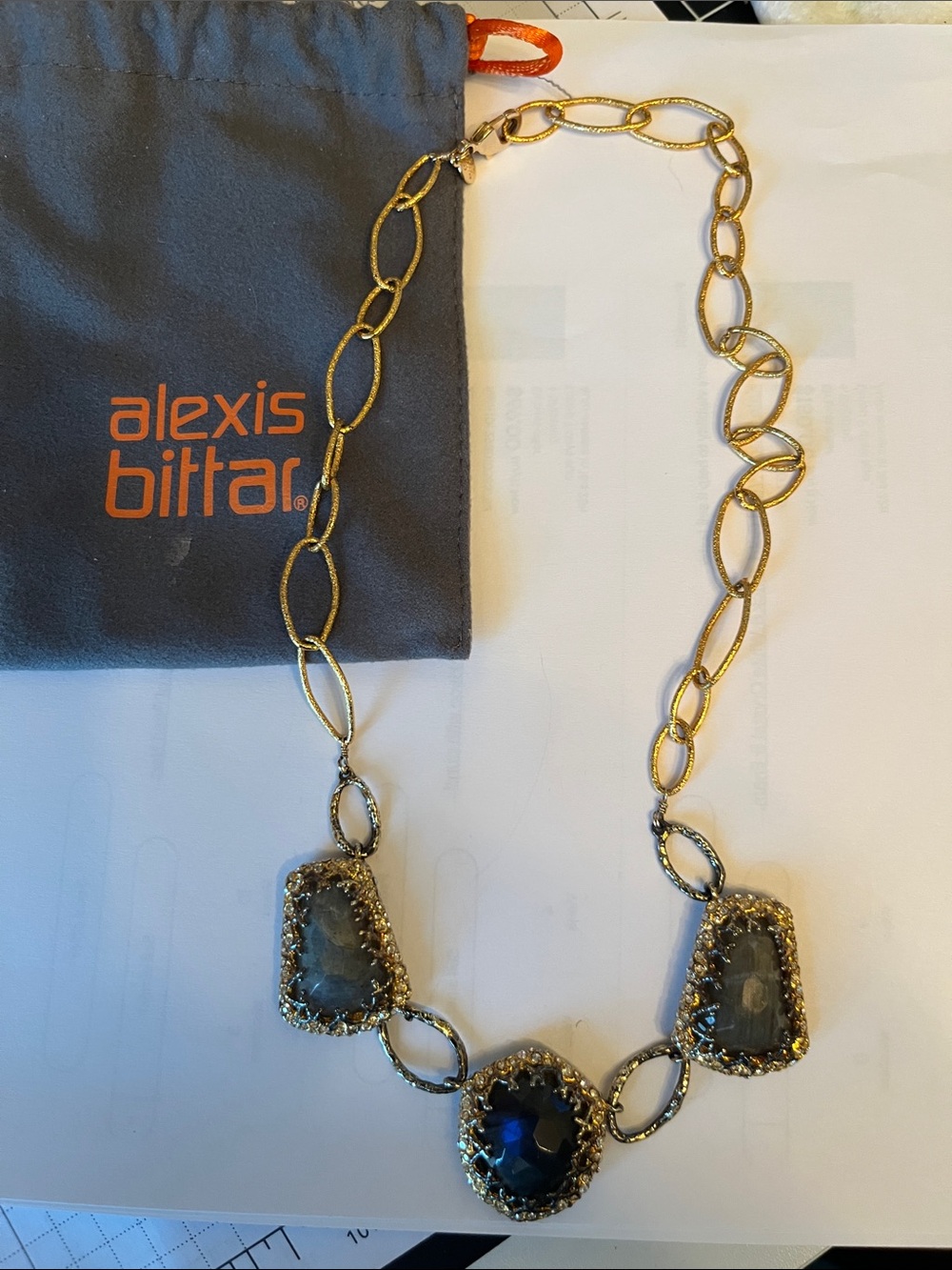 Alexis Bittar Gold-Tone Necklace with Deep Blue and Gray Stones